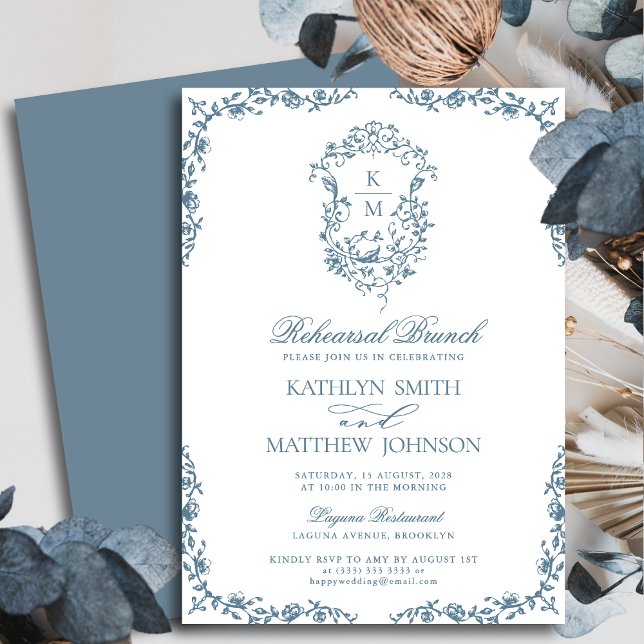 Dusty Blue Monogram Vintage Rehearsal Brunch Invitation (Creator Uploaded)