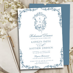 Dusty Blue Monogram Vintage Rehearsal Dinner Invitation