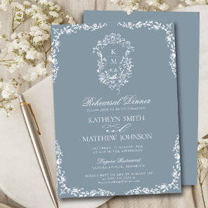 Dusty Blue Monogram Vintage Rehearsal Dinner Invitation
