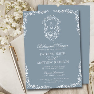 Dusty Blue Monogram Vintage Rehearsal Dinner Invitation