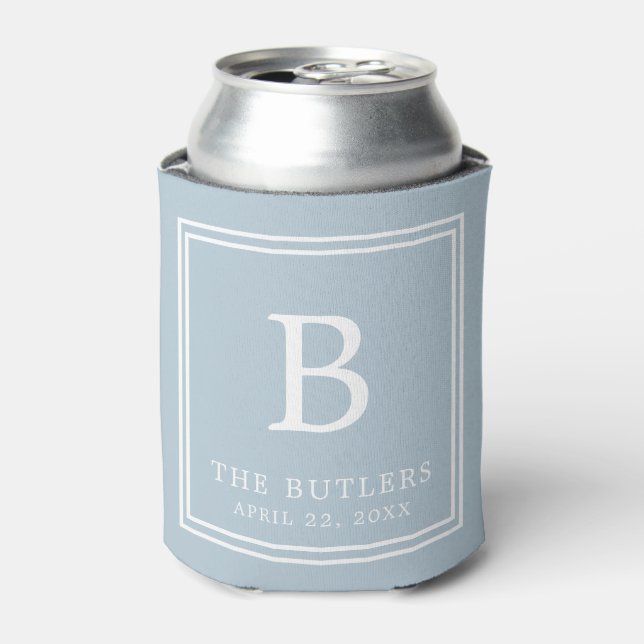 Dusty Blue Monogram Wedding Can Cooler (Can Front)