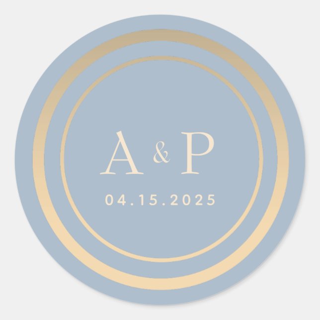 Dusty Blue Monogram Wedding Classic Round Sticker (Front)