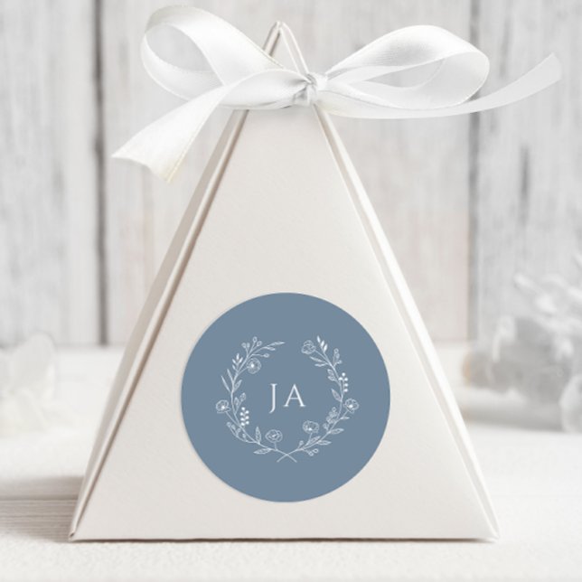 Dusty Blue Monogram Wedding Classic Round Sticker (Creator Uploaded)
