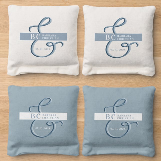 Dusty Blue Monogram Wedding Cornhole Bags (Wood)