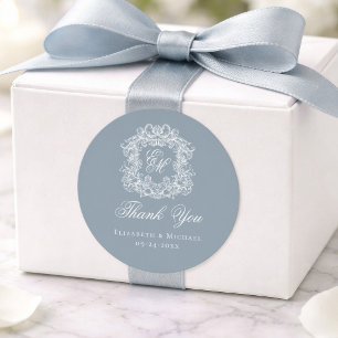 Dusty Blue Monogram Wedding Crest Thank You Classic Round Sticker