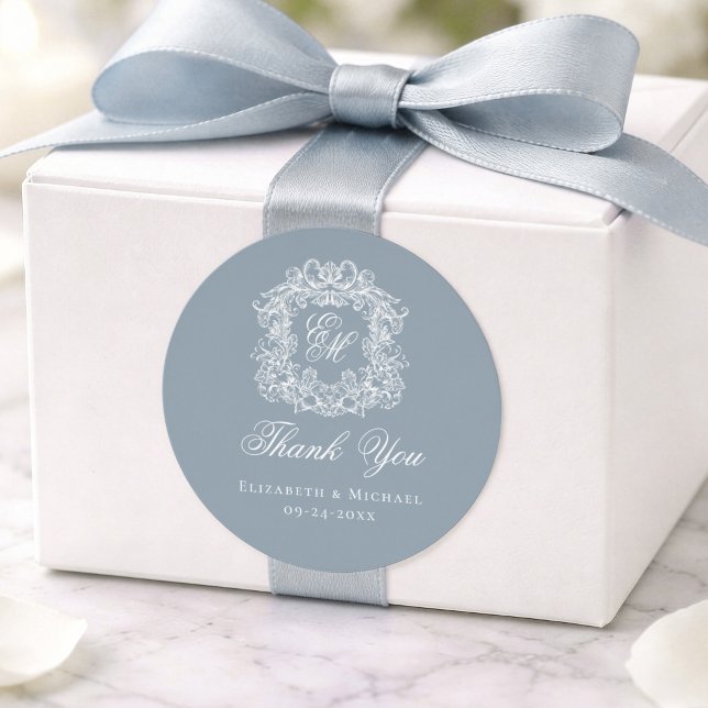 Dusty Blue Monogram Wedding Crest Thank You Classic Round Sticker (Creator Uploaded)