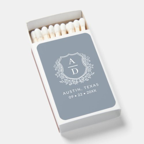 Dusty Blue Monogram Wedding Floral Crest Matchboxes