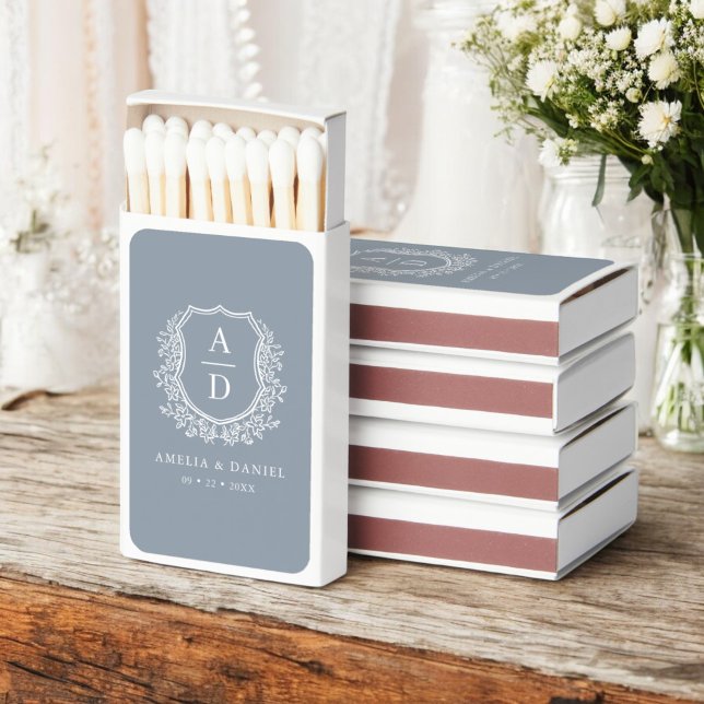 Dusty Blue Monogram Wedding Floral Crest Matchboxes (Creator Uploaded)
