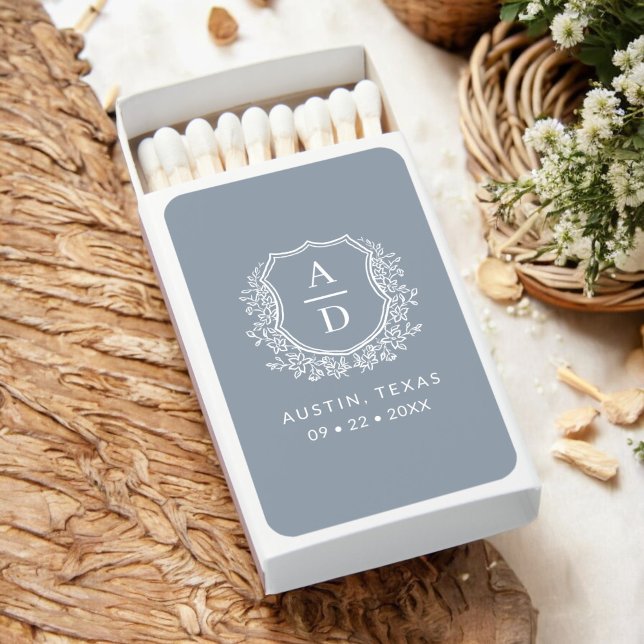 Dusty Blue Monogram Wedding Floral Crest Matchboxes (Creator Uploaded)