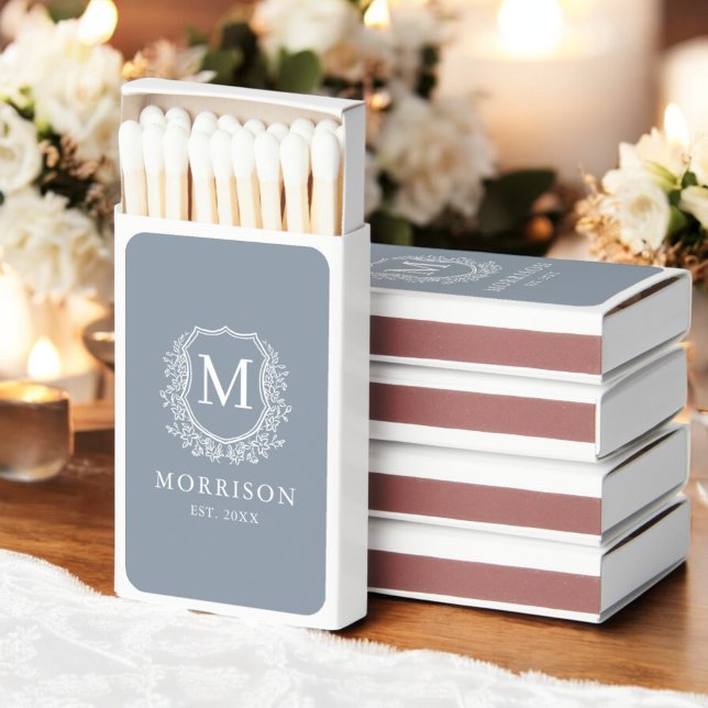 Dusty Blue Monogram Wedding Floral Crest Matchboxes (Creator Uploaded)