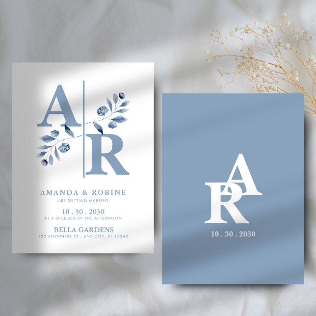 Dusty Blue Monogram Wedding Invitation (Creator Uploaded)
