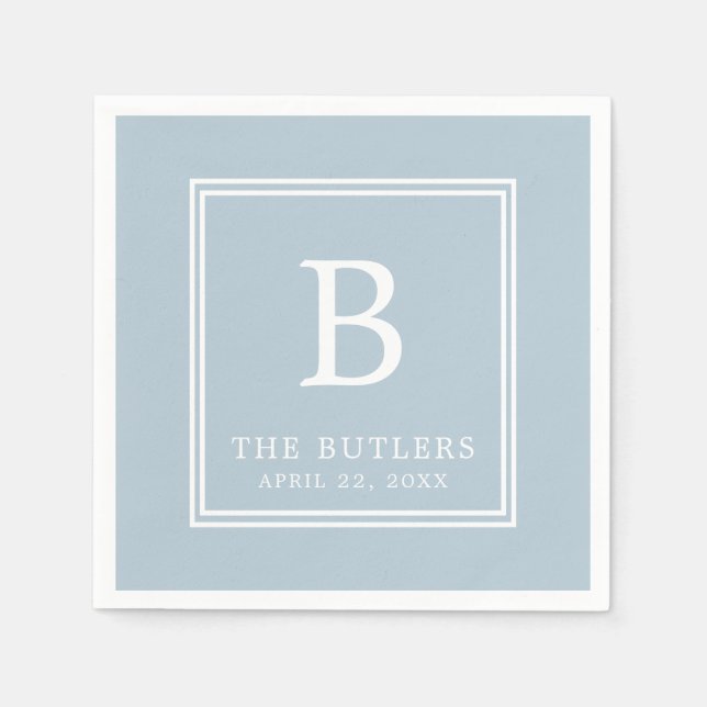 Dusty Blue Monogram Wedding Paper Napkins (Front)
