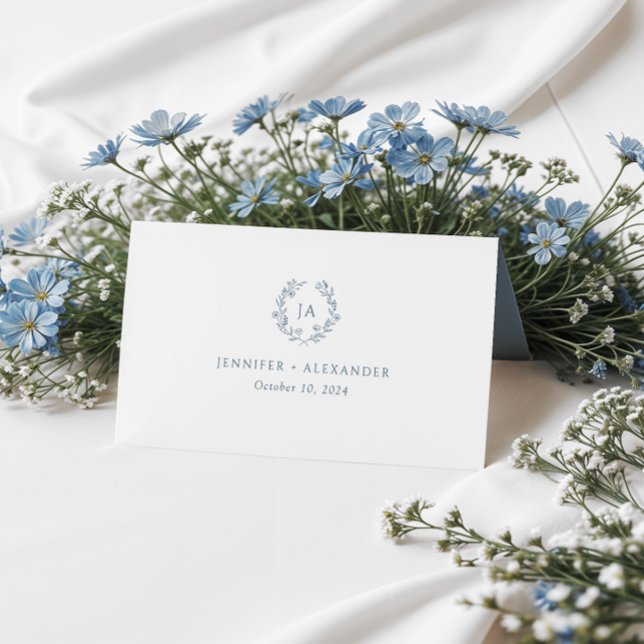 Dusty Blue Monogram Wedding  Place Card (Creator Uploaded)