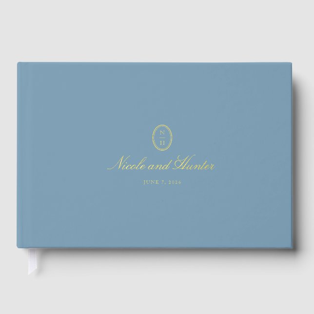 Dusty Blue Monogram Wedding Reception Foil Guest Book (Front)