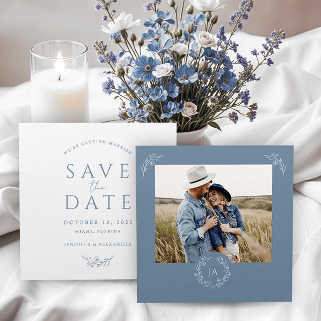 Dusty Blue Monogram Wedding Save The Date Card (Creator Uploaded)