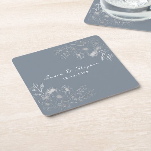 Dusty Blue Monogram Wedding Square Paper Coaster