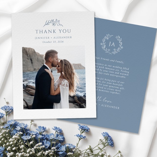 Dusty Blue Monogram Wedding Thank You Card (Creator Uploaded)