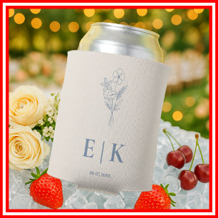 Dusty Blue Monogram Wildflower Wedding Can Cooler