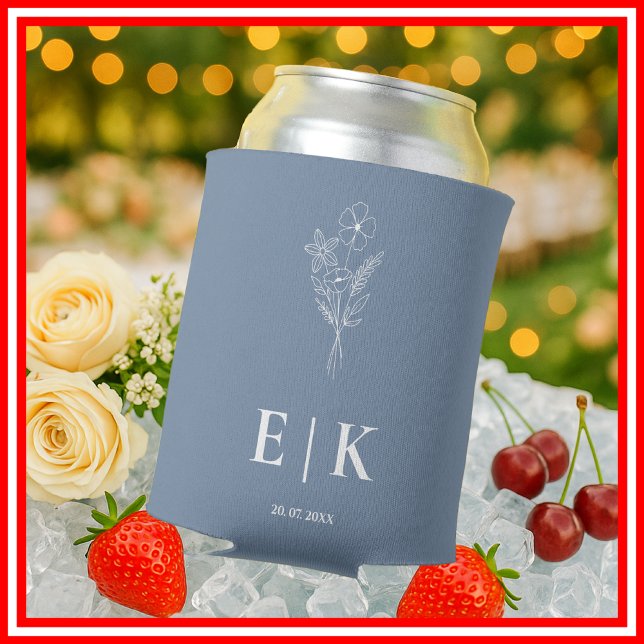Dusty Blue Monogram Wildflower Wedding Can Cooler (Creator Uploaded)