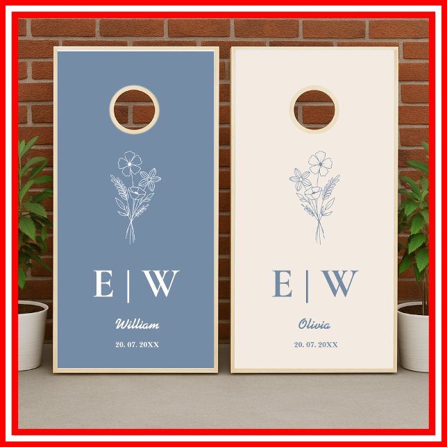 Dusty Blue Monogram Wildflower Wedding Cornhole Set (Creator Uploaded)