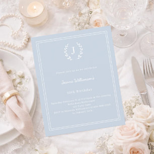 Dusty blue monogram wreath birthday invitation