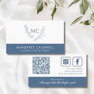 Dusty Blue Monogram Wreath Business Card