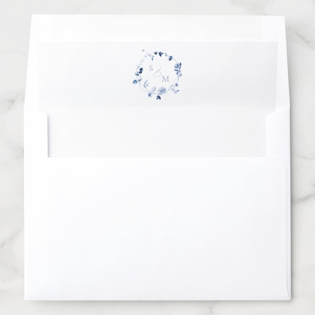 Dusty Blue Monogram Wreath Wedding Envelope Liner (In Envelope)