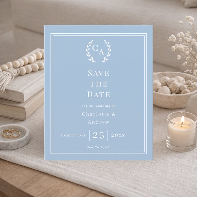 Dusty blue monogram wreath wedding Save the Date  (Creator Uploaded)