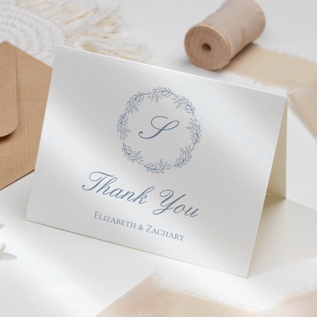 Dusty Blue Monogram Wreath Wedding Thank You Card (Creator Uploaded)