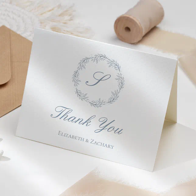 Dusty Blue Monogram Wreath Wedding Thank You Card | Zazzle