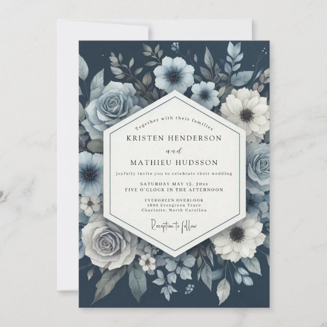 Dusty Blue Moody Bloom Wedding Invitation (Front)