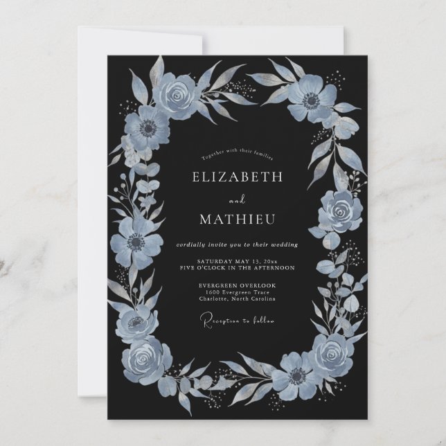 Dusty Blue Moody Floral Wedding Invitation (Front)