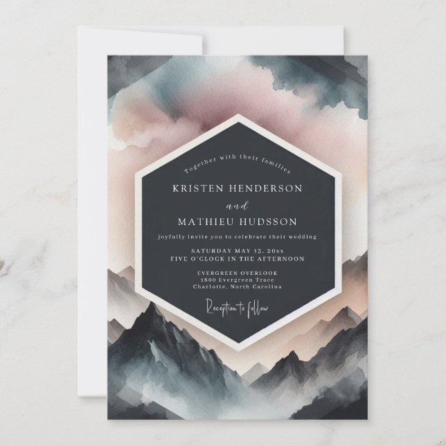 Dusty Blue Mountain Romance Wedding Invitation (Front)
