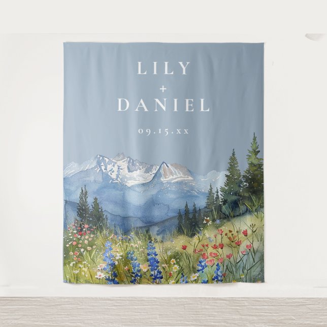 Dusty Blue Mountain Wedding Photo Backdrop (Front)