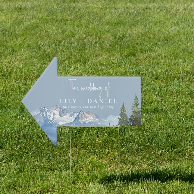 Dusty Blue Mountain Wedding This Way Arrow Sign (Insitu)