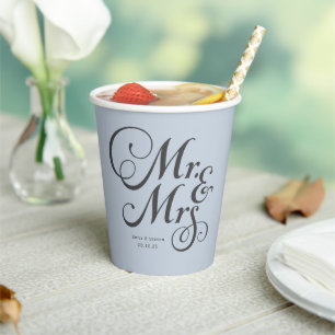Dusty Blue Mr and Mrs personalized rustic wedding Paper Cups