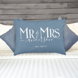 Dusty Blue Mr & Mrs Newlywed Couple Wedding Accent Pillow<br><div class="desc">Celebrate your holy matrimony with this cute Mr. and Mrs. wedding pillow for newlywed couples. Customize it by adding your last name / surname and wedding anniversary year date. Dusty blue color with white elegant font. Great for a bridal shower or anniversary / wedding gift for a husband and wife....</div>