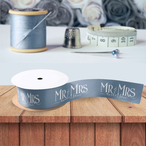 Dusty Blue Mr  Mrs Newlywed Couple Wedding Satin Ribbon