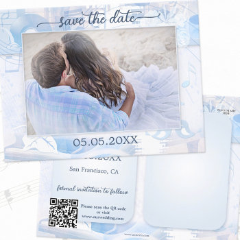 Dusty Blue Music Theme Photo Save The Date Announcement Postcard by AnnesWeddingBoutique at Zazzle