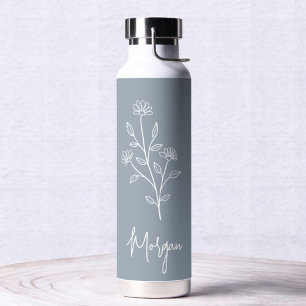 Dusty Blue Name Floral Bachelorette Bridal Water Bottle