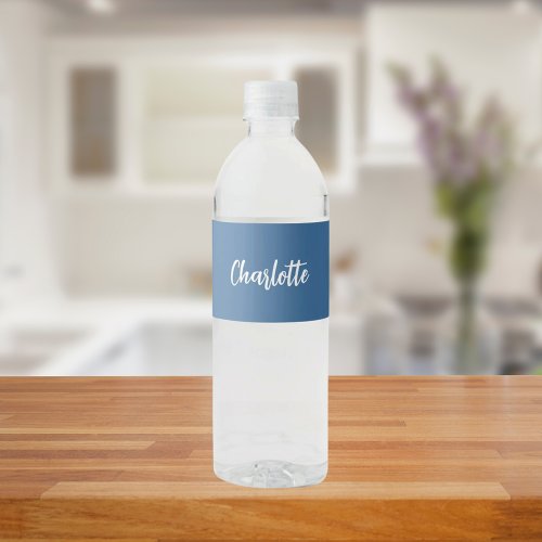 Dusty blue name script water bottle label