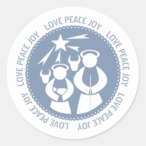 Dusty Blue Nativity Scene Love Peace Joy Christmas Classic Round Sticker