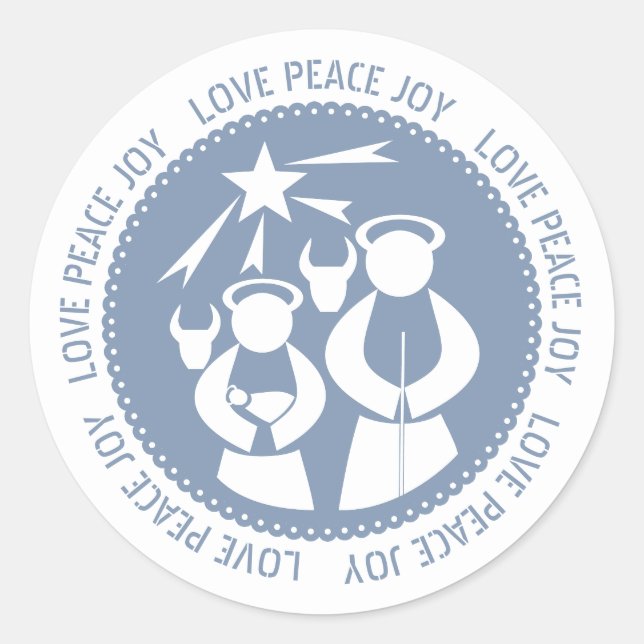 Dusty Blue Nativity Scene Love Peace Joy Christmas Classic Round Sticker (Front)