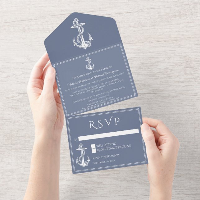 Dusty Blue Nautical Anchor All In One Invitation (Tearaway)
