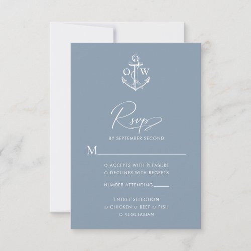 Dusty Blue Nautical Anchor Monogram Wedding RSVP Card