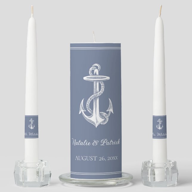 Dusty Blue Nautical Anchor Unity Candle Set (Front)