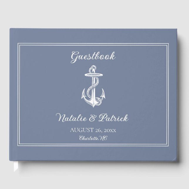 Dusty Blue Nautical Anchor Wedding Guest Book (Front)