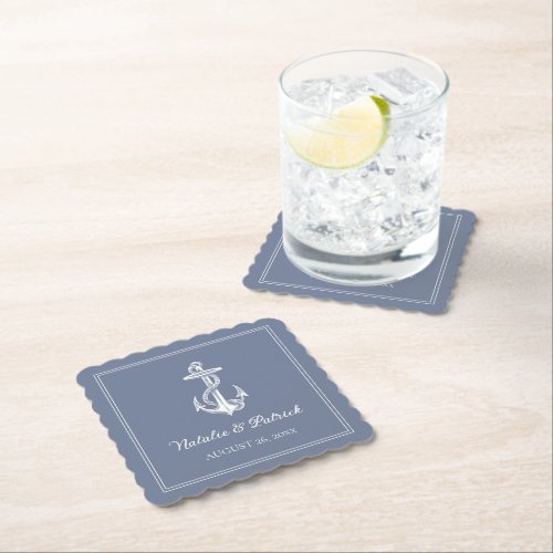 Dusty Blue Nautical Anchor Wedding Paper Coasters