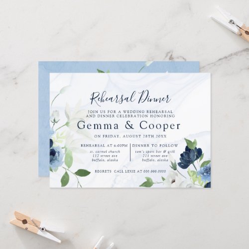 Dusty Blue Nave Floral Ethereal Rehearsal Dinner Invitation