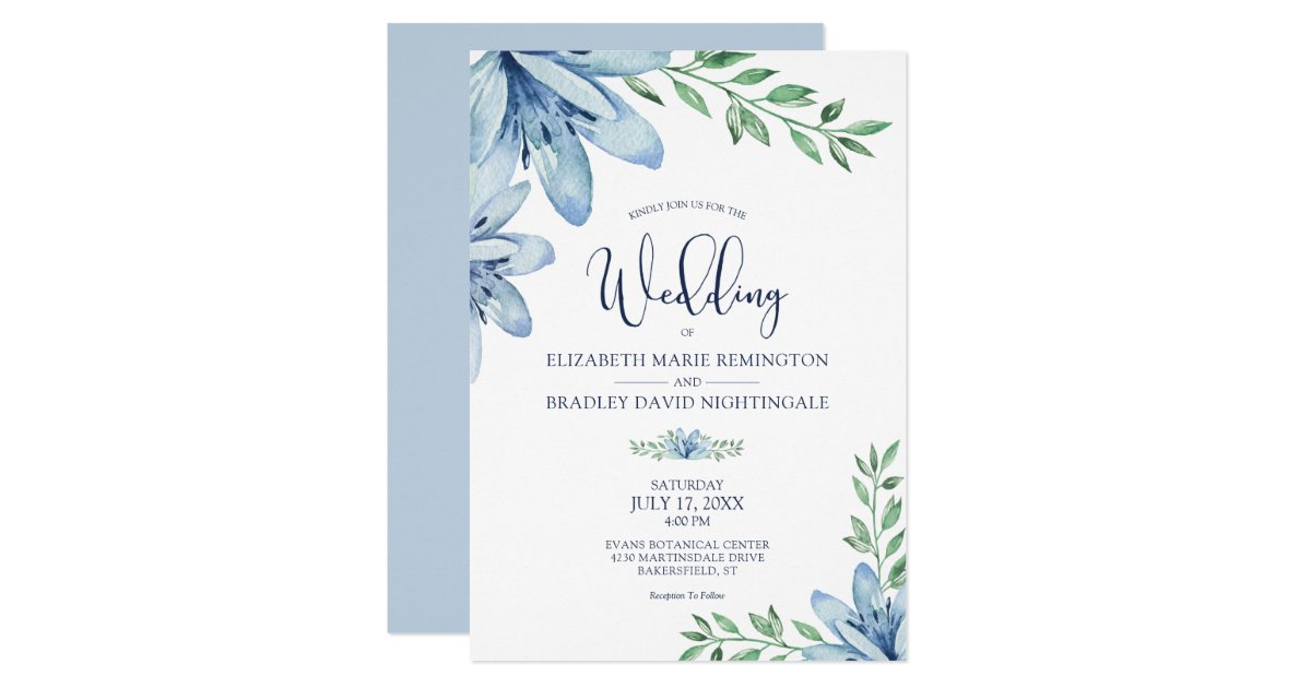 Dusty Blue & Navy Blue Blooms Wedding Invitation